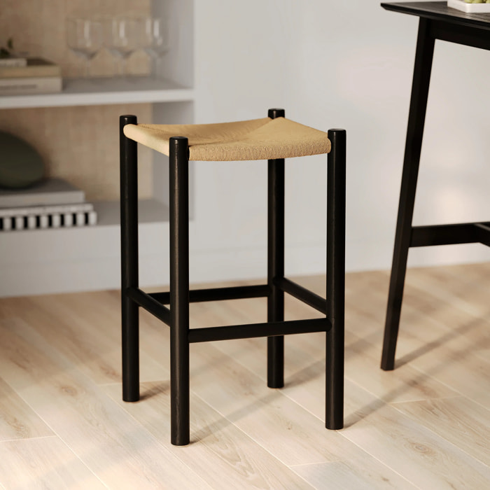 Tabouret pour ilot central 65 cm en teck noir et rotin - Kaïa