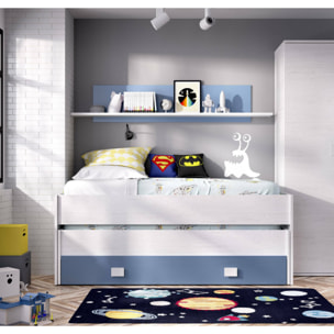 Letto per bambini Ortles, Struttura con secondo lettino estraibile, Letto singolo per cameretta con 1 cassettone e mensola, 200x99h74 cm, Bianco e Blu