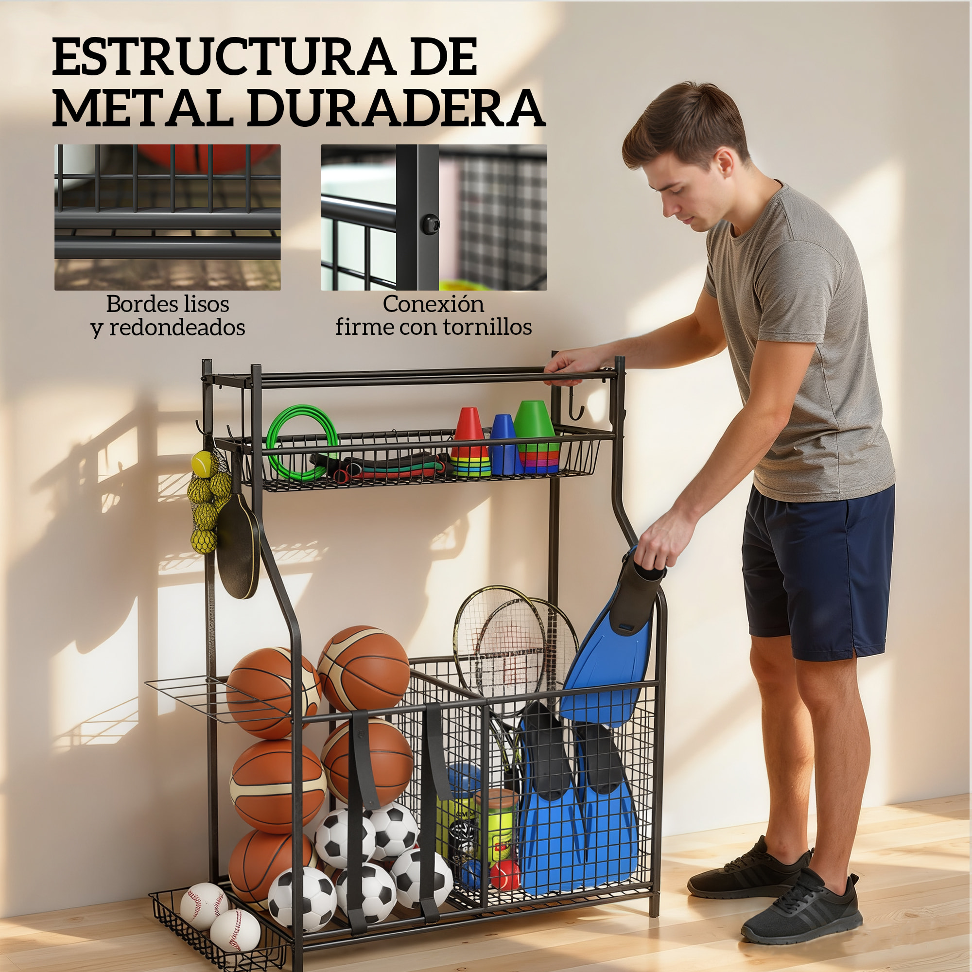 Organizador de Equipos Deportivos, Almacenamiento de Bolas de Garaje con Cesta, Ganchos Extraibles y Bandas Elásticas, Soporte para Balones de Baloncesto, Fútbol, para Casa Gimnasio o Escuela
