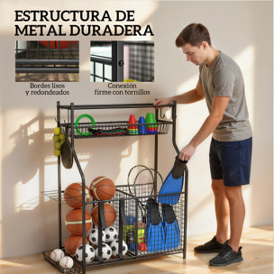 Organizador de Equipos Deportivos, Almacenamiento de Bolas de Garaje con Cesta, Ganchos Extraibles y Bandas Elásticas, Soporte para Balones de Baloncesto, Fútbol, para Casa Gimnasio o Escuela