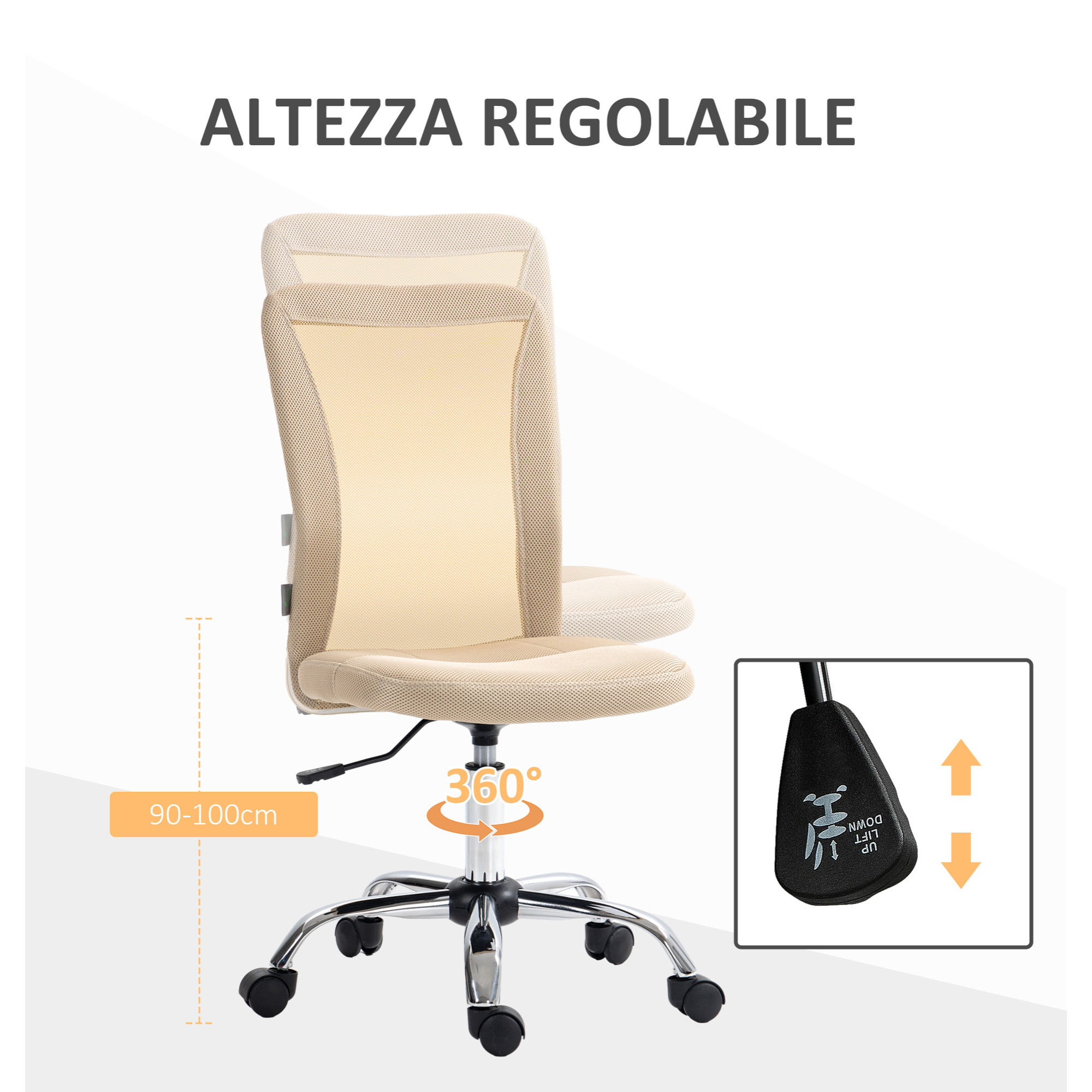 Silla de Oficina de Malla Silla de Escritorio Giratoria sin Brazos con Altura Ajustable Carga 100 kg para Estudio Despacho 43x58x90-100 cm Beige