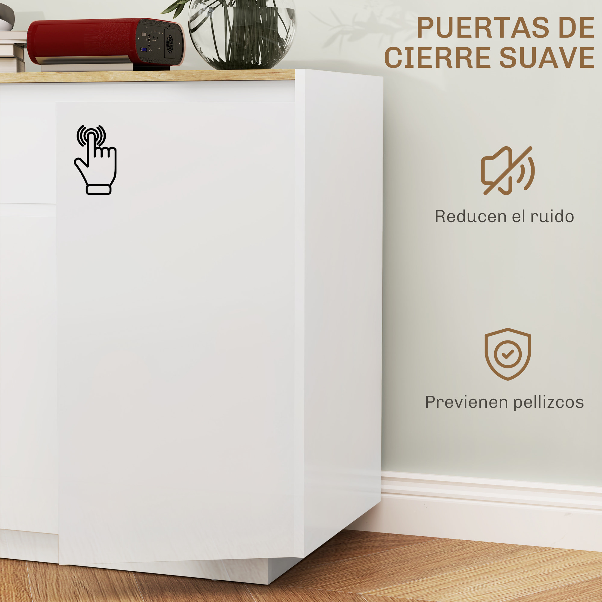 Aparador de 4 Puertas Aparador de Salón con Cajón y Estantes Ajustables para Dormitorio Sala de Estar 140x40x75 cm Natural y Blanco Brillo