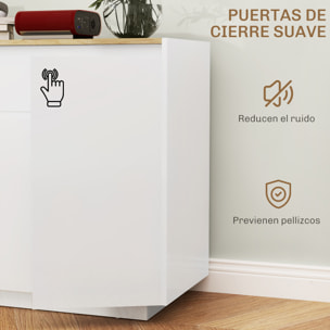 Aparador de 4 Puertas Aparador de Salón con Cajón y Estantes Ajustables para Dormitorio Sala de Estar 140x40x75 cm Natural y Blanco Brillo