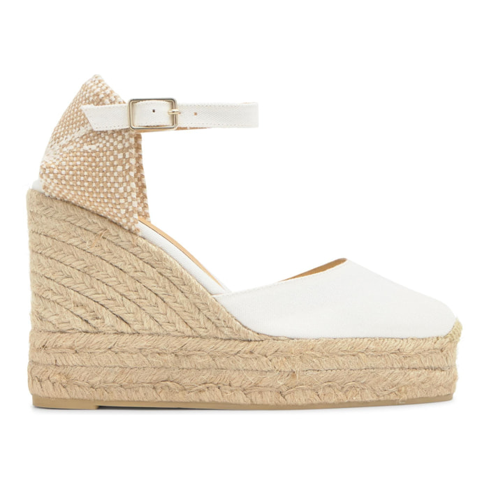 Alpargata de cuña 8 cm en lona de algodón con talonera trenzada y pulsera al tobillo