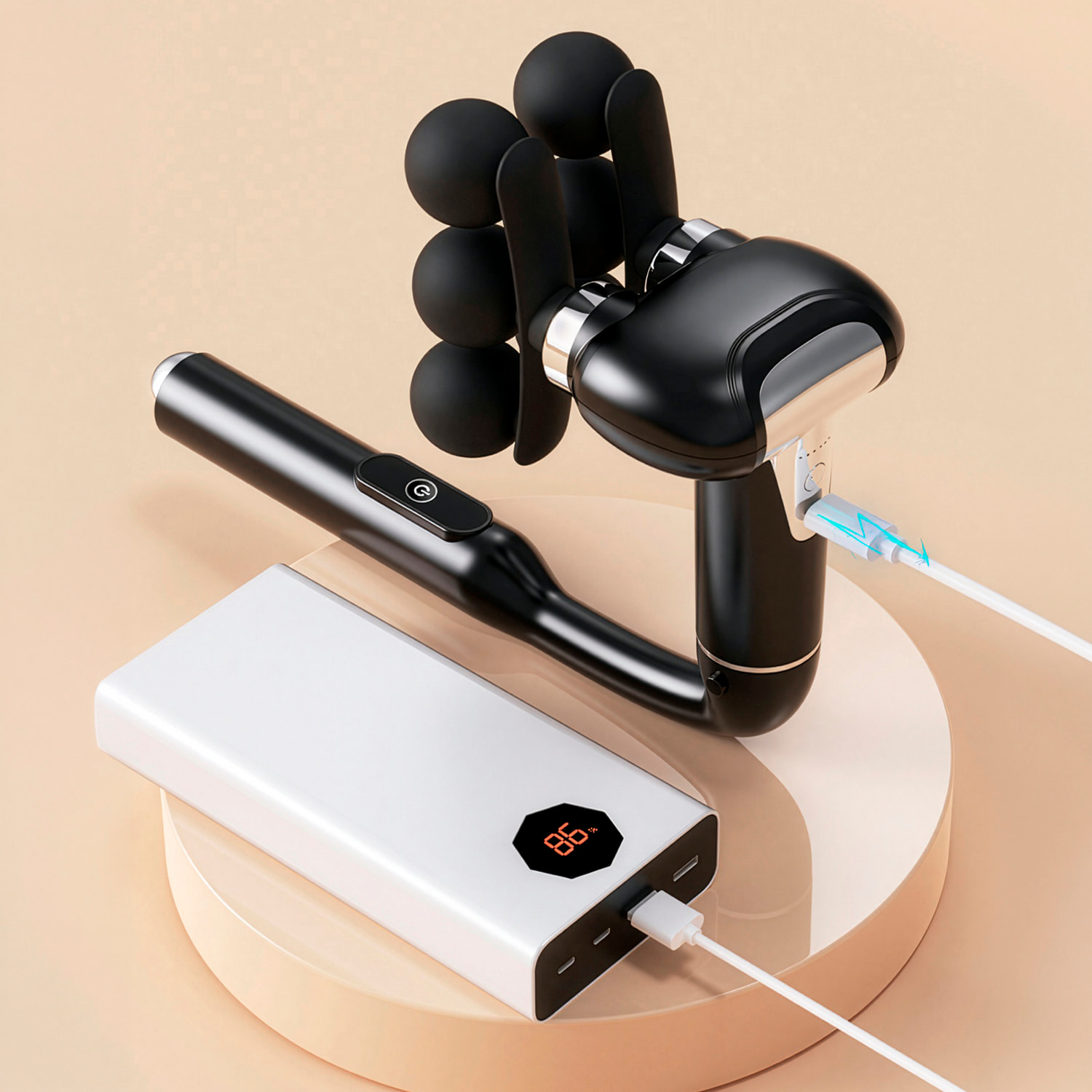 Pistola de masaje fascia MD-XY-15 con 6 velocidades, batería de 1800 mAh. Incluye 10 cabezales intercambiables y mango alargador.