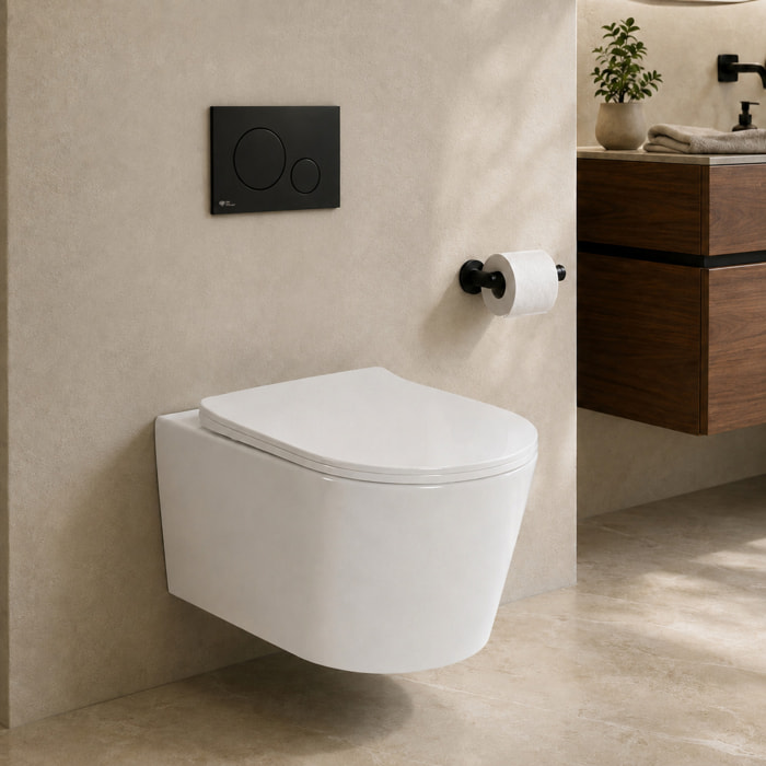 Pack WC suspendu complet avec bâti-support SAT, cuvette Vortex sans bride, plaque noire, économie d’eau