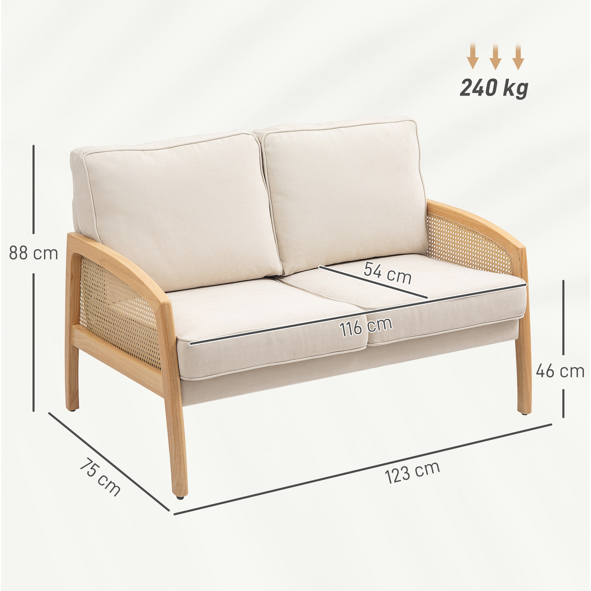 Sofá de 2 Plazas Tapizado en Chenilla Sofá de Salón con 2 Almohadas Lavables y Reposabrazos de Ratán Sintético Sofá Pequeño Carga 240 kg 123x75x88 cm Beige