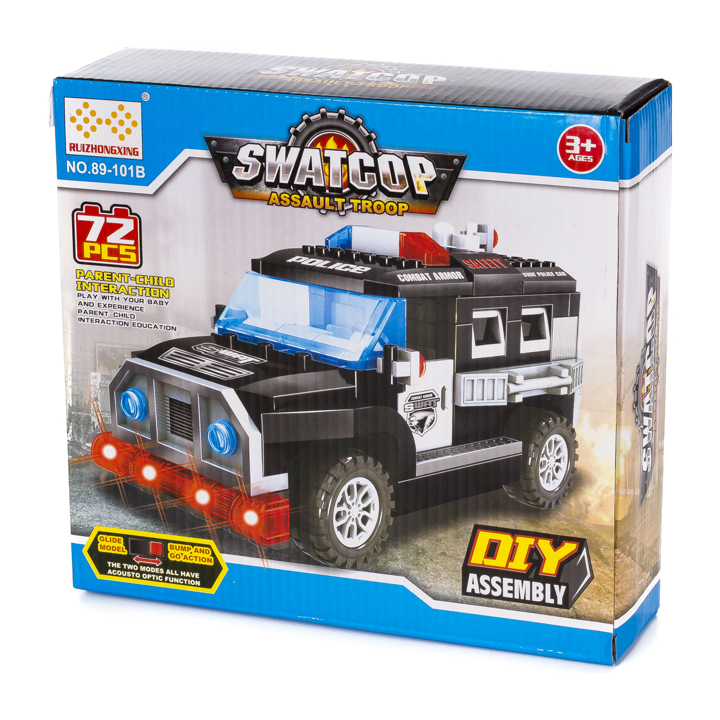 Veicolo d'assalto della polizia SWAT, con luci ed effetti sonori. Da costruire, 72 pezzi. Modalità di funzionamento automatica 360°.