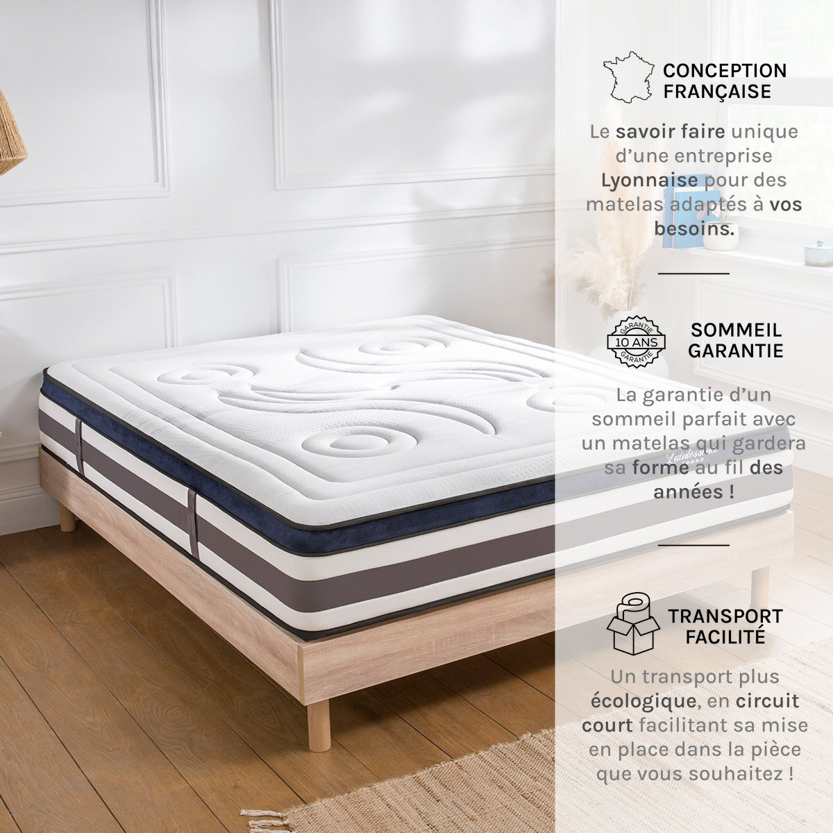 Ensemble Matelas Quintessence & Sommier Kit Bois, Mémoire de Forme & Haute Densité, 30 cm, Accueil Enveloppant, Soutien Ferme