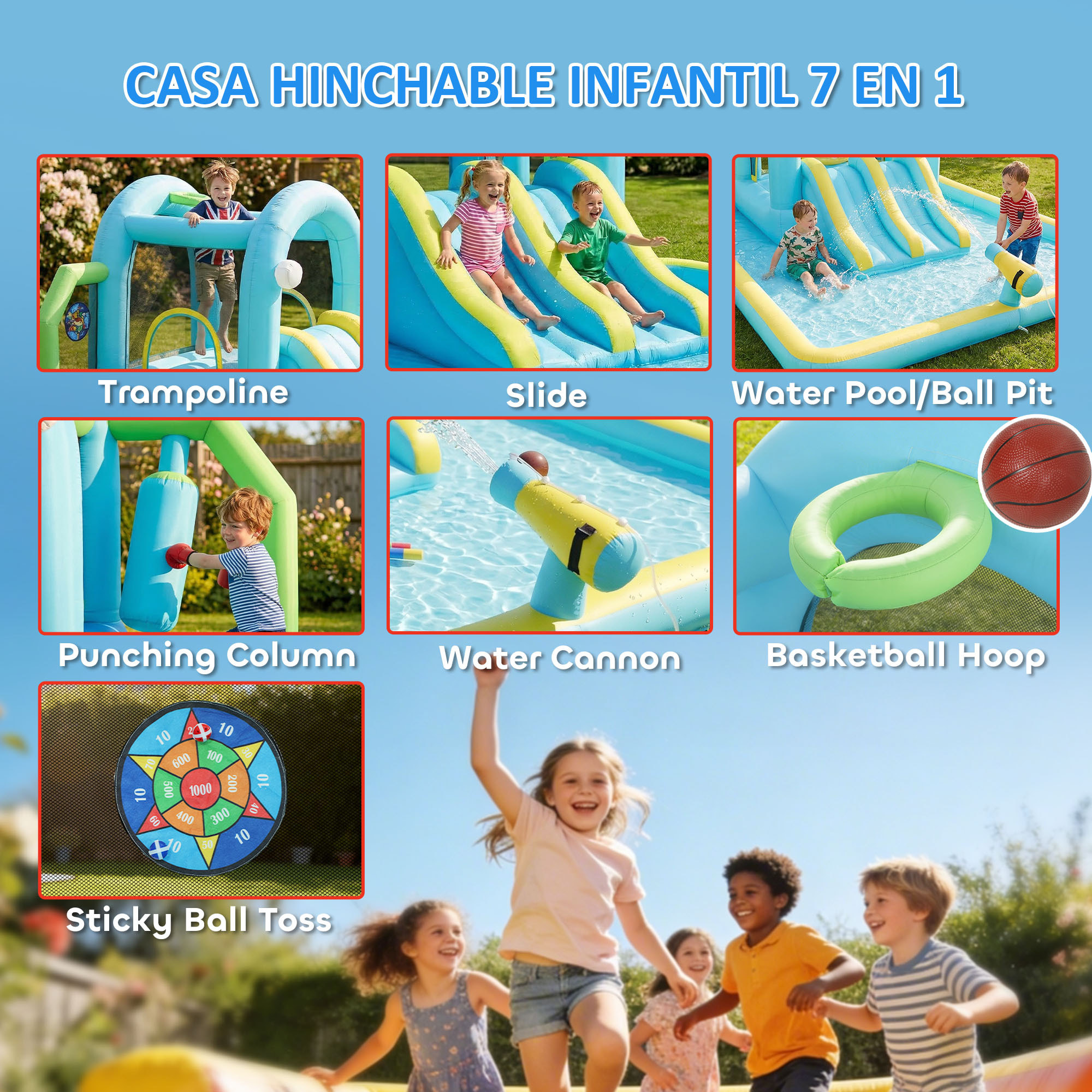 Castillo Hinchable Acuático 7 en 1 con Soplador 450W, Castillo Hinchable para Niños con 2 Toboganes, Trampolín, Piscina, Canasta, Columna de Boxeo, Exterior/Interior, 3-8 Años, 426x360x198 cm