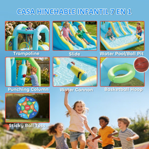 Castillo Hinchable Acuático 7 en 1 con Soplador 450W, Castillo Hinchable para Niños con 2 Toboganes, Trampolín, Piscina, Canasta, Columna de Boxeo, Exterior/Interior, 3-8 Años, 426x360x198 cm