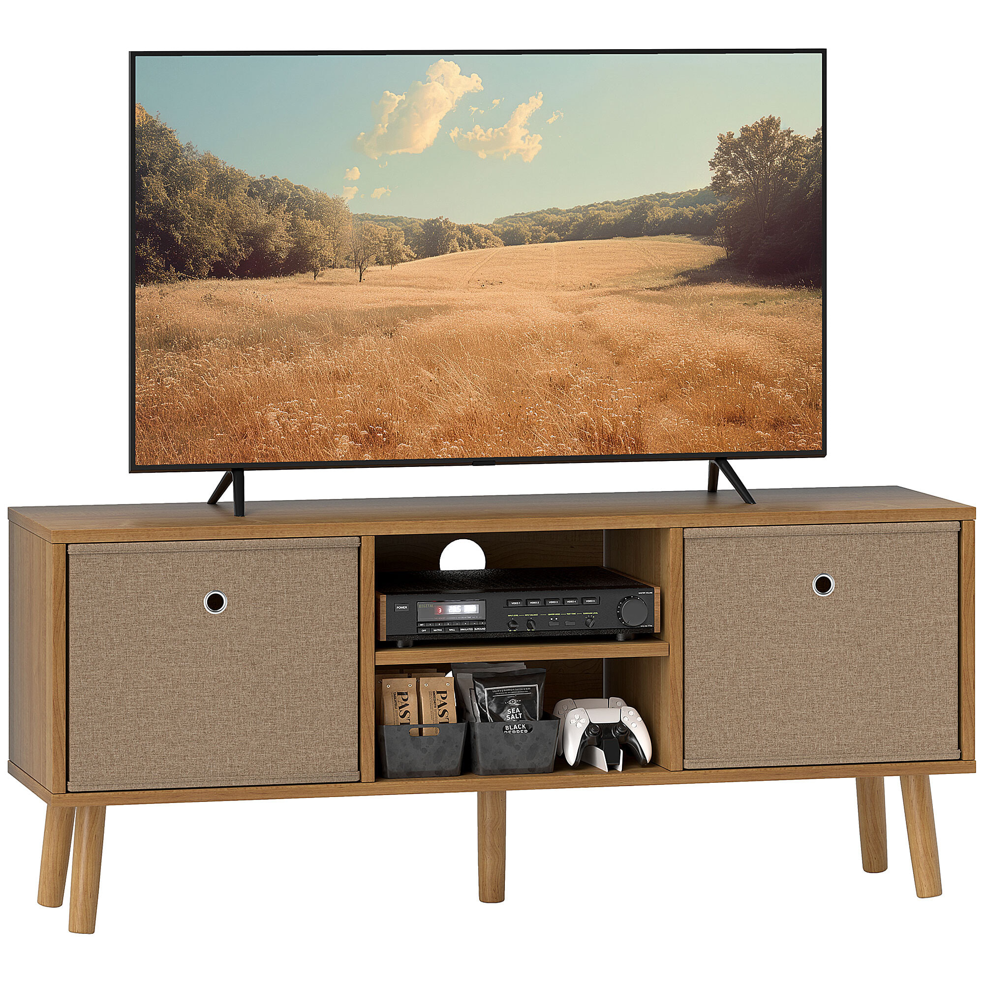 Mueble de TV, Mesa de TV con 2 Cajones de Tela, 2 Estantes Abiertos, Orificios para Cables, para Televisores hasta 50 Pulgadas, Largo de 110 cm, para Salón, Dormitorio, Madera y Marrón