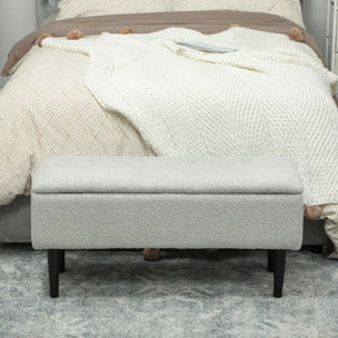 Puff Almacenaje, Banco Almacenaje Plegable, Capacidad de 47 L, 95x38x45 cm, Tapizado en Borreguito, Pie de Cama con Tapa Abatible y Patas de Madera, para Salón, Dormitorio, Entrada, Gris