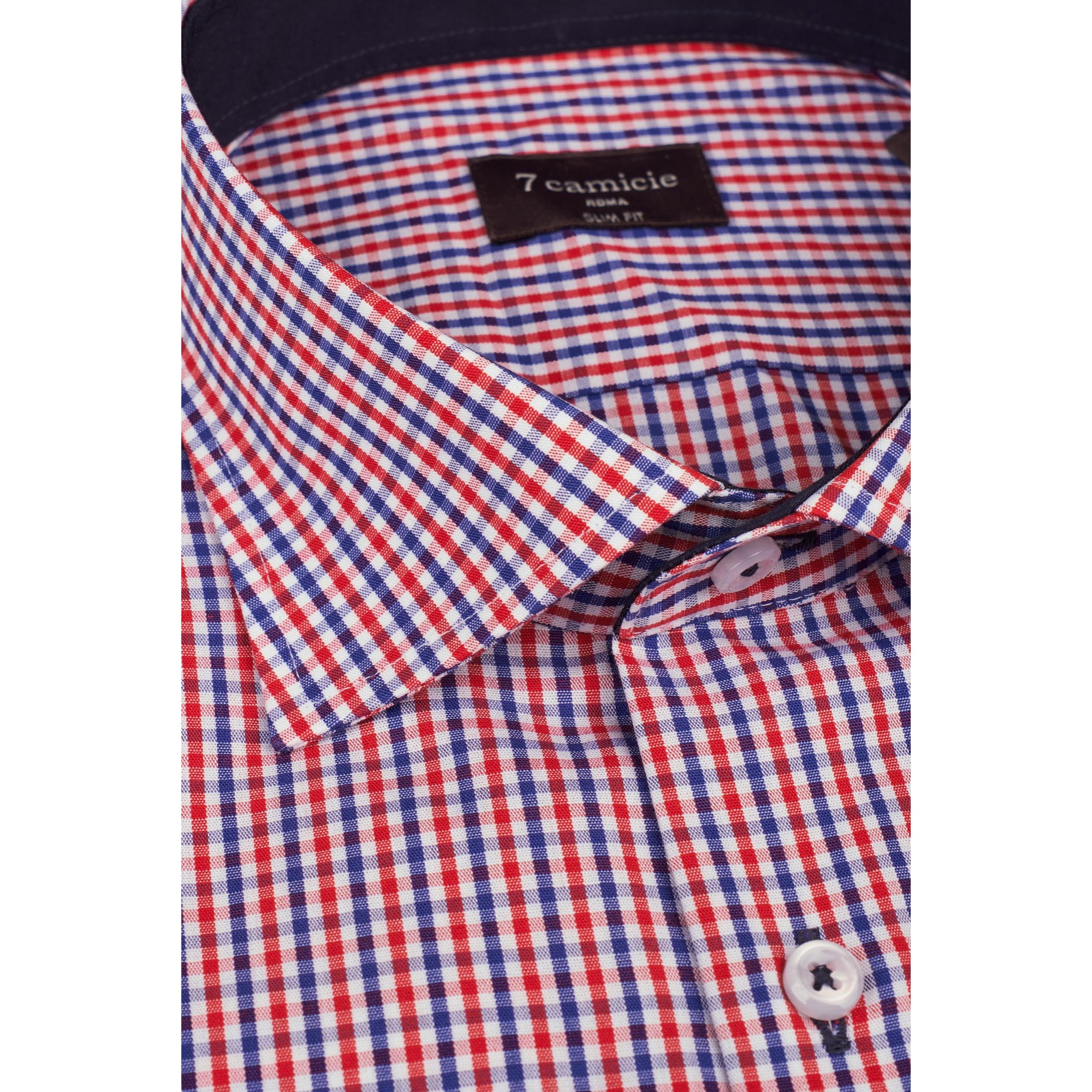 Camicia Uomo 1 Bottone Francese Slim Popeline Quadro Piccolo Blu\Rosso