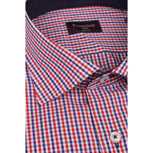 Camicia Uomo 1 Bottone Francese Slim Popeline Quadro Piccolo Blu\Rosso