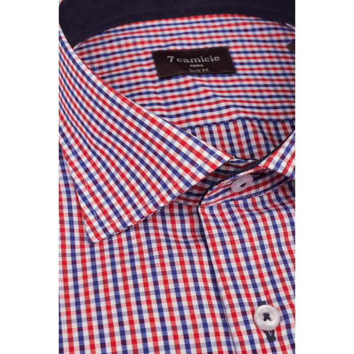 Camicia Uomo 1 Bottone Francese Slim Popeline Quadro Piccolo Blu\Rosso