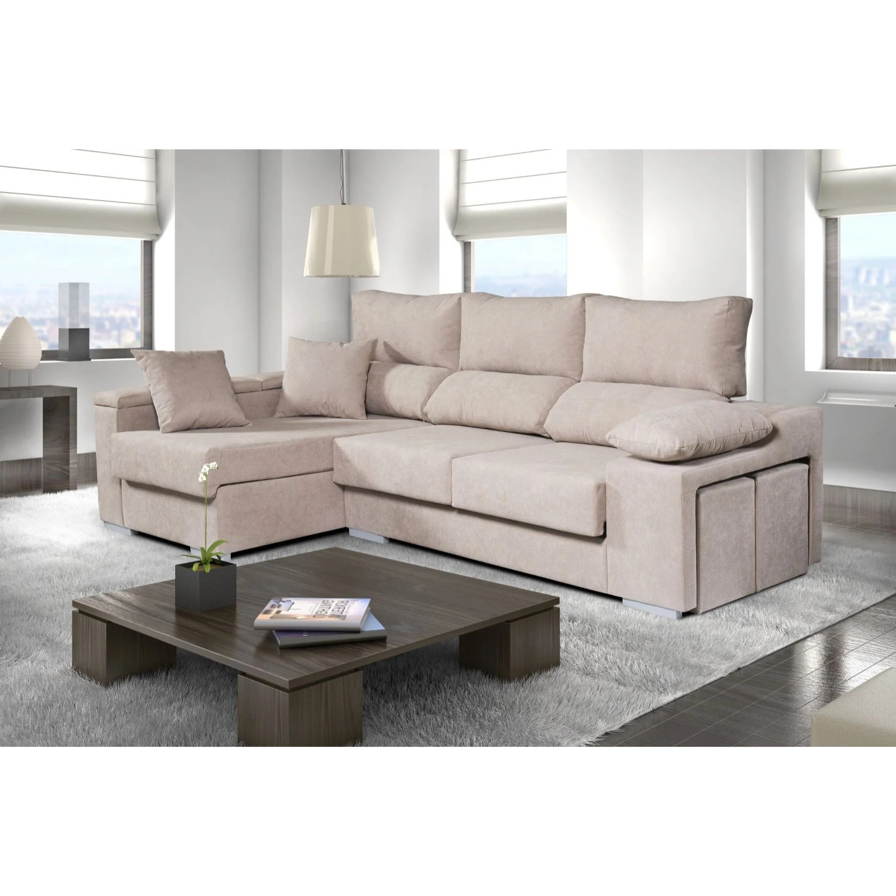 Sofá Chaiselongue Rubí de Tela Antimanchas Derecha Color Beige