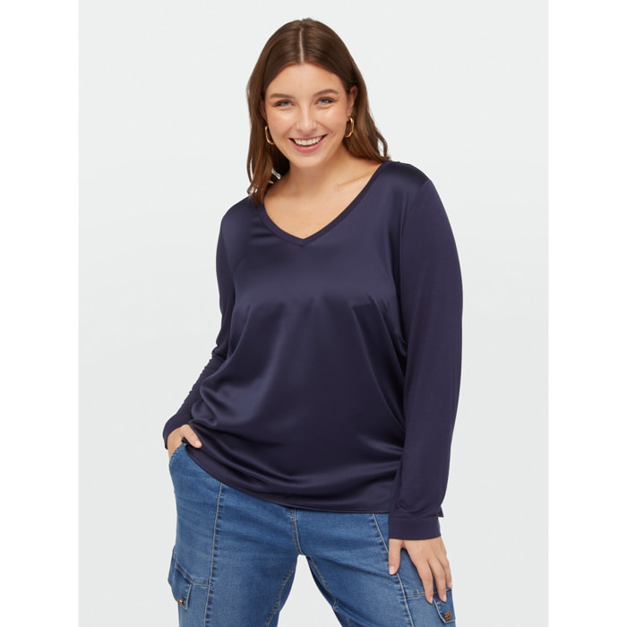 Fiorella Rubino - Camiseta con cuello de pico en dos tejidos - Azul