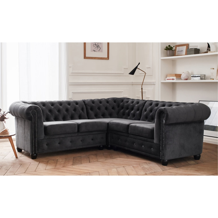 William - canapé Chesterfield d'angle réversible - 5 places - en velours - Gris foncé