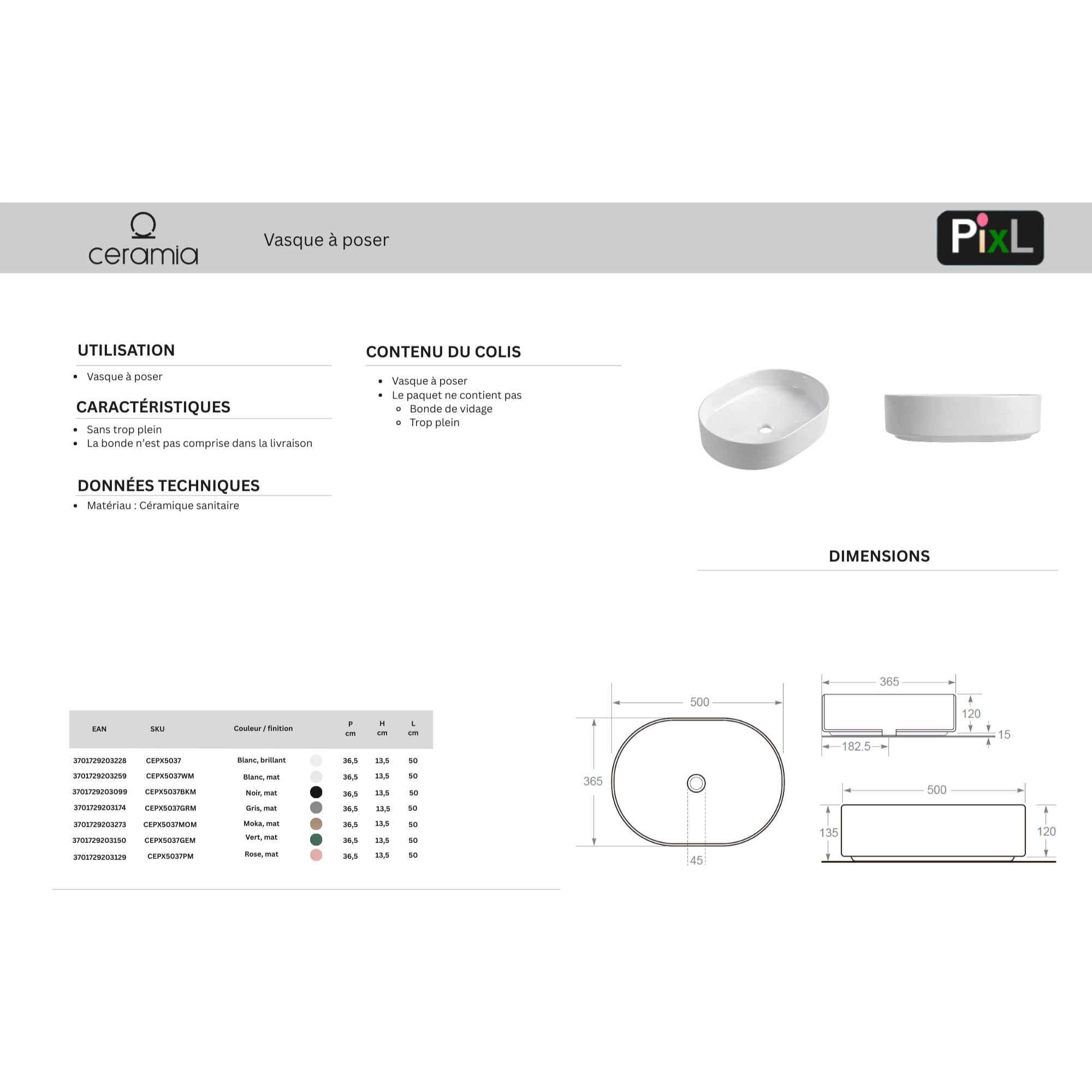 PixL 50 x 36,5 x 12 cm vasque à poser Infinitio, sans trop-plein, blanc (CEPX5037WM)