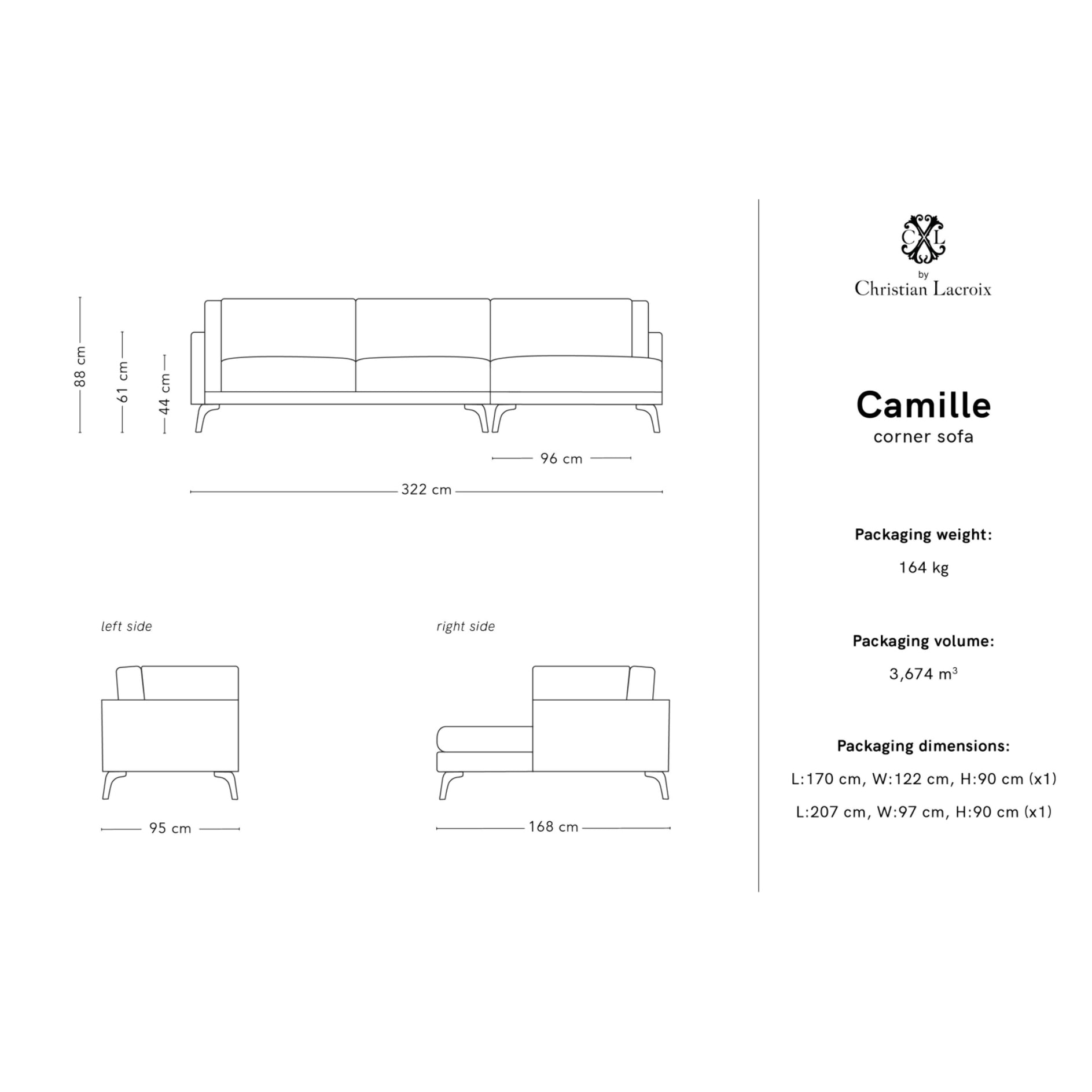 Canapé d'angle droit "Camille" 5 places en tissu structurel bleu clair