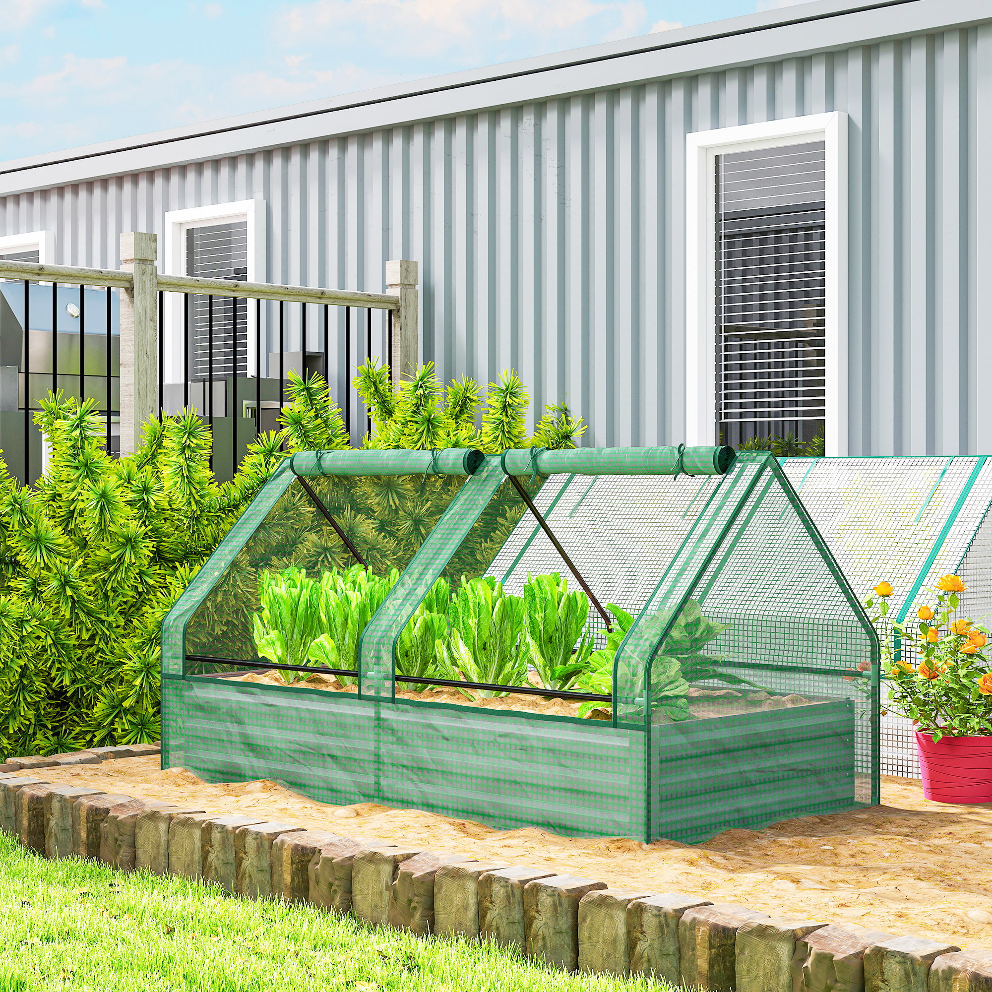 Jardinera Exterior Grande con Mini Invernadero, Huerto Urbano de Acero Galvanizado con Base Abierta, Resistente a la Intemperie, para Patio, Terraza, Balcón, 185x95x92 cm, Gris y Verde