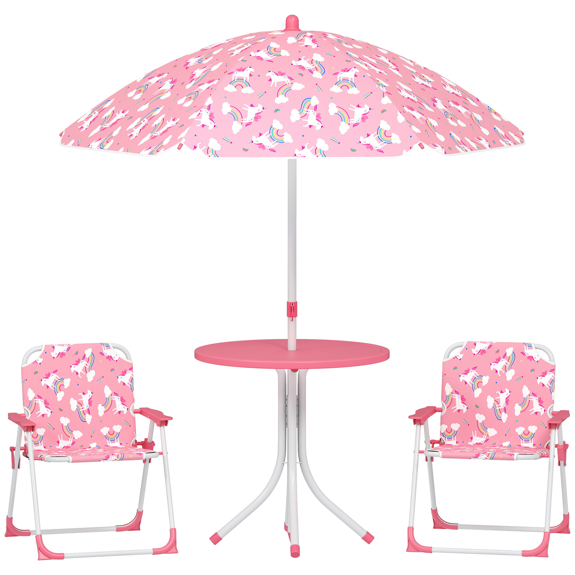 Conjunto de Mesa y Sillas Infantil de Jardín de 4 Piezas, Mesa Infantil con Sillas Plegables, Sombrilla Desmontable, Diseño de Unicornios y Arcoíris, para Patio, Pícnic, Rosa