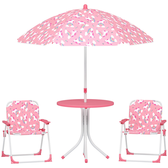 Conjunto de Mesa y Sillas Infantil de Jardín de 4 Piezas, Mesa Infantil con Sillas Plegables, Sombrilla Desmontable, Diseño de Unicornios y Arcoíris, para Patio, Pícnic, Rosa