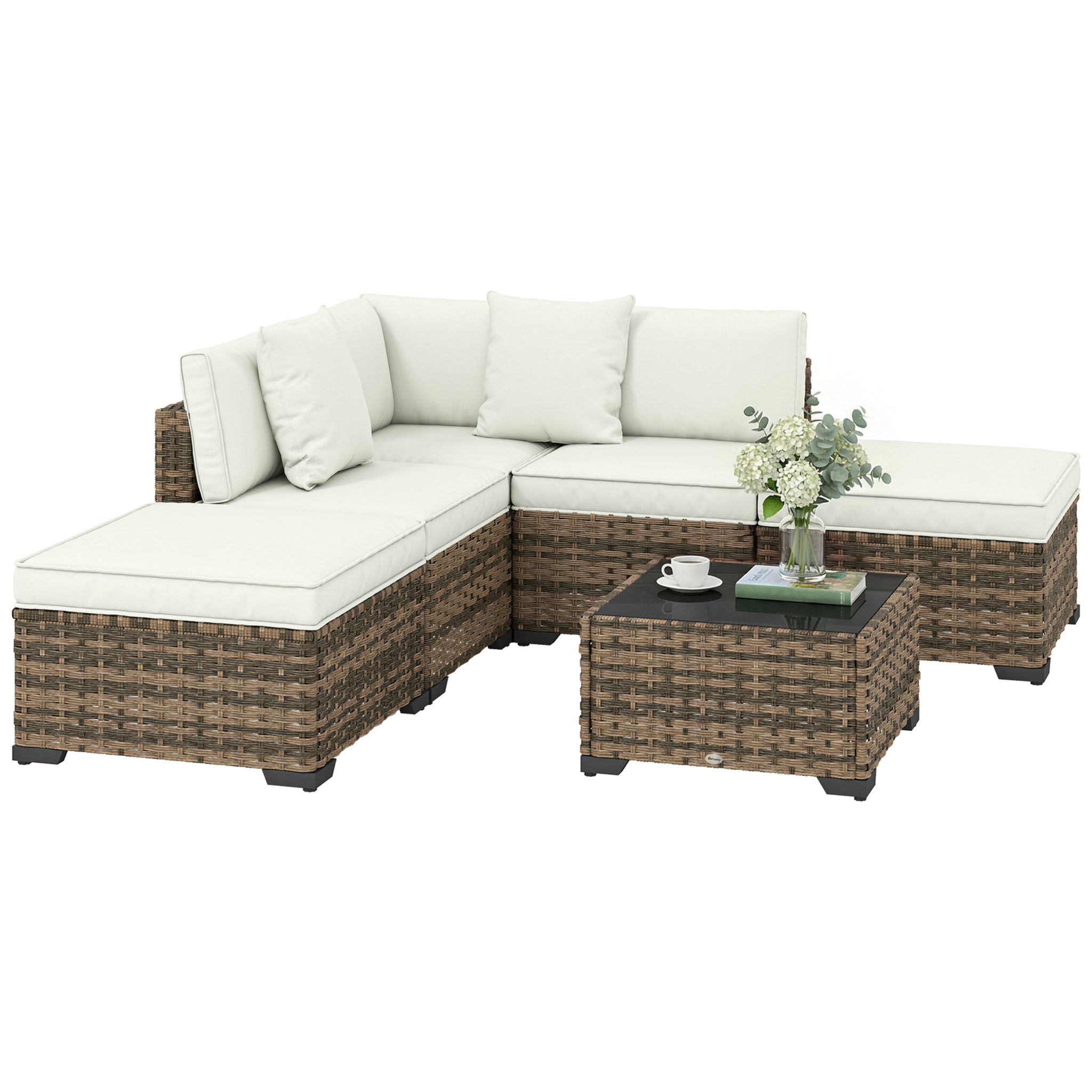 Conjunto de Jardín de Ratán de 6 Piezas, Conjunto Terraza Resistente, Muebles Jardín Exterior Incluye Cojines, 4 Módulos de Asiento, 1 Sofá Esquinero y Mesa Centro de Vidrio, Amarillo Mixto