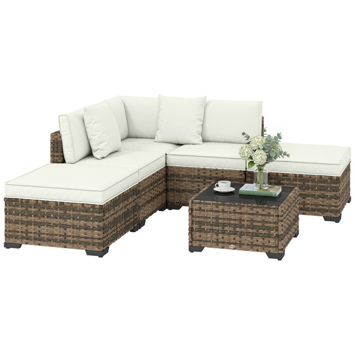 Conjunto de Jardín de Ratán de 6 Piezas, Conjunto Terraza Resistente, Muebles Jardín Exterior Incluye Cojines, 4 Módulos de Asiento, 1 Sofá Esquinero y Mesa Centro de Vidrio, Amarillo Mixto