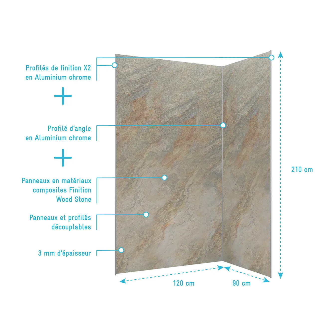 Pack de 2 Panneaux Muraux Pierre Wood Stone 90+120x210 cm avec Profilés ANODISE BRILLANT - STONE'IT