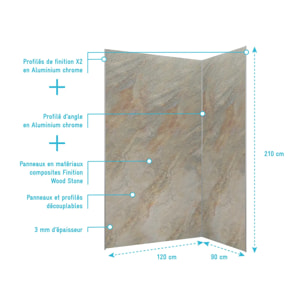 Pack de 2 Panneaux Muraux Pierre Wood Stone 90+120x210 cm avec Profilés ANODISE BRILLANT - STONE'IT