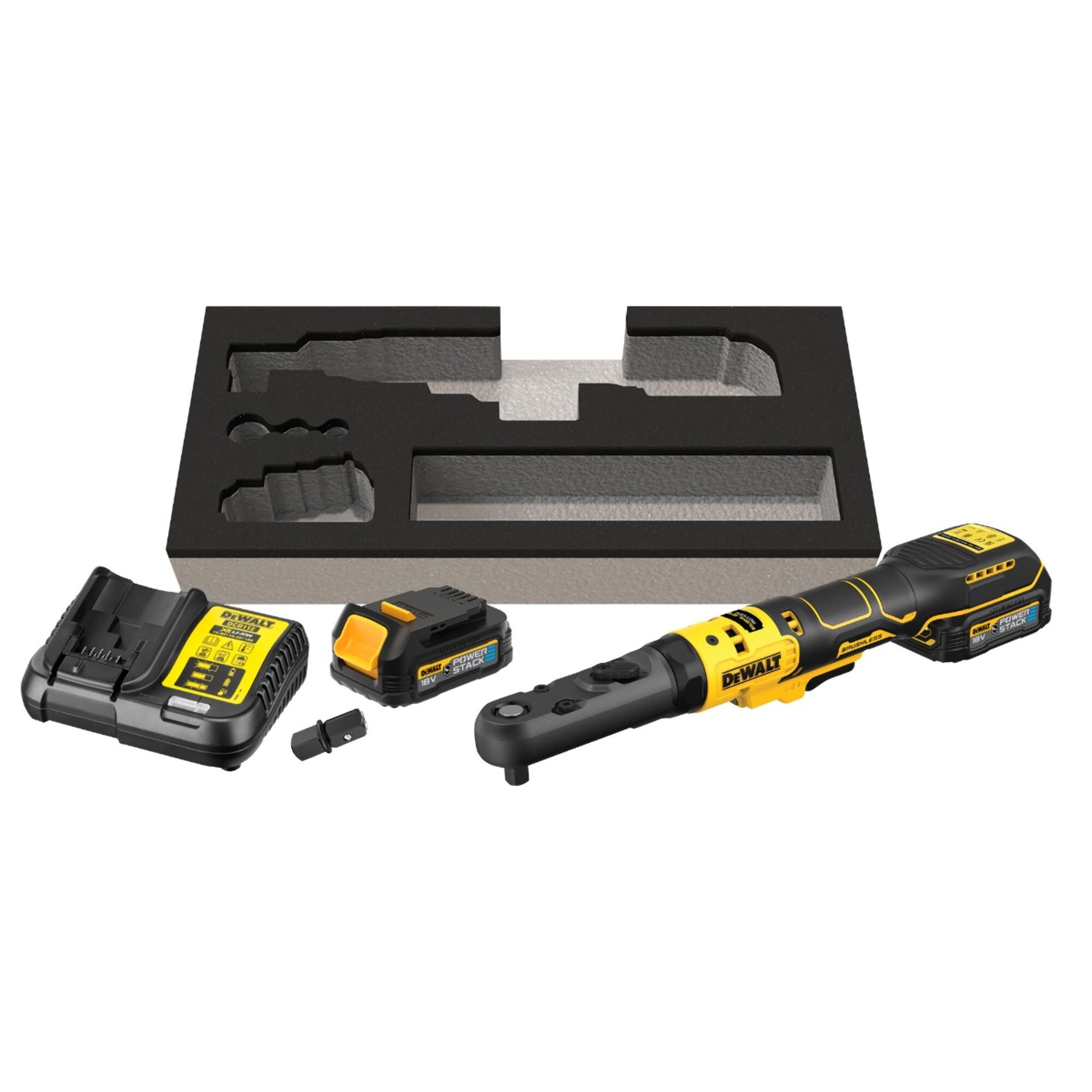 Clé à cliquet DEWALT XR 18V Brushless - Batteries 2 x 1.7 Ah - Têtes interchangeables 1/4', 3/8' et porte-embout hexagonal 1/4' - DCF510E2G-QW