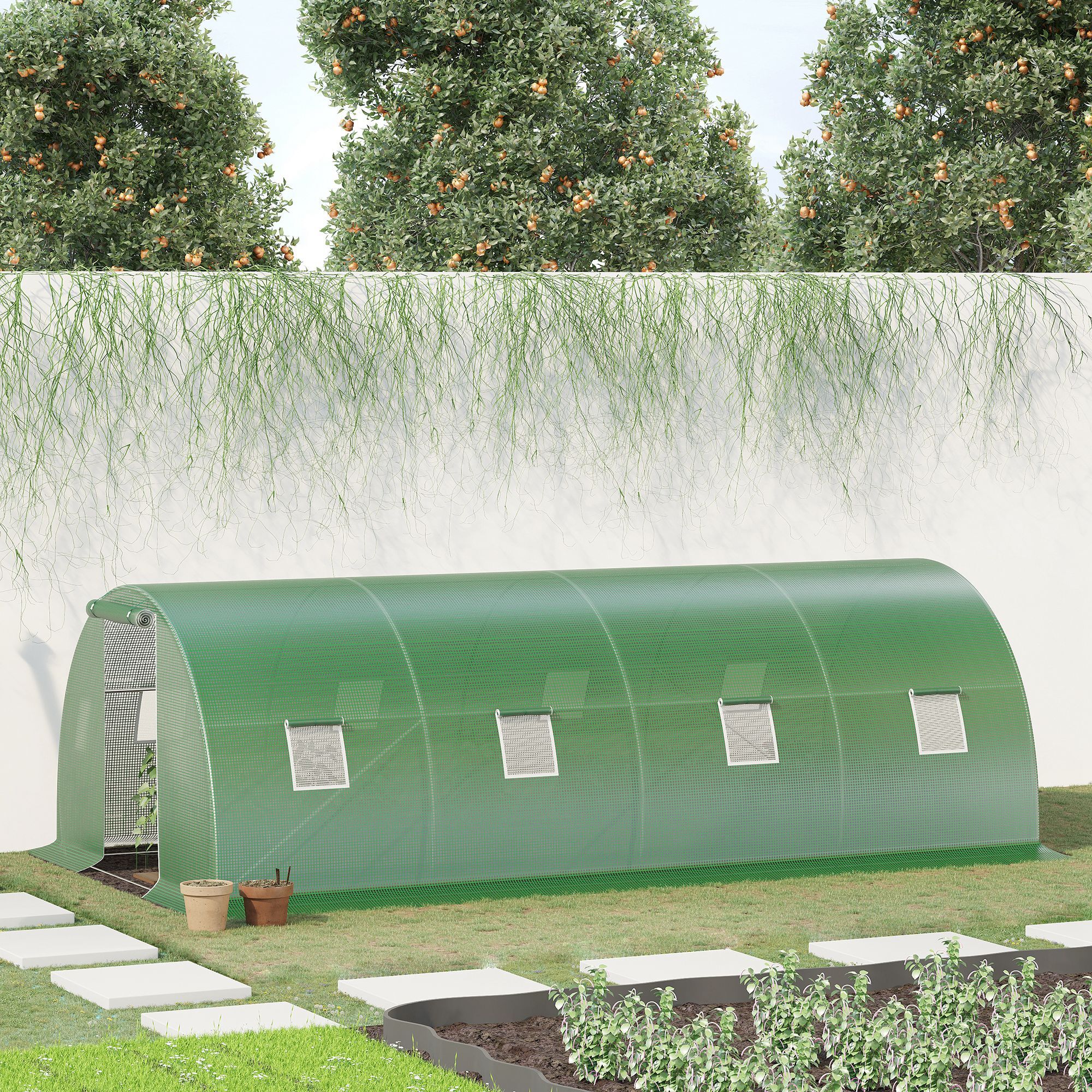 Serre de jardin tunnel 18 m² dim. 6L x 3l x 2H m - 8 fenêtres, porte zippée enroulable - châssis tubulaire acier galvanisé, bâche PE haute densité vert