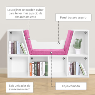 Librería con Asiento, Estantería de Libros con 6 Cubos, Estantería Almacenamiento con Banco con Cojín, Multiusos para Sala de Estar, Oficina, Dormitorio, 102x30x61cm, Blanco y Rosa