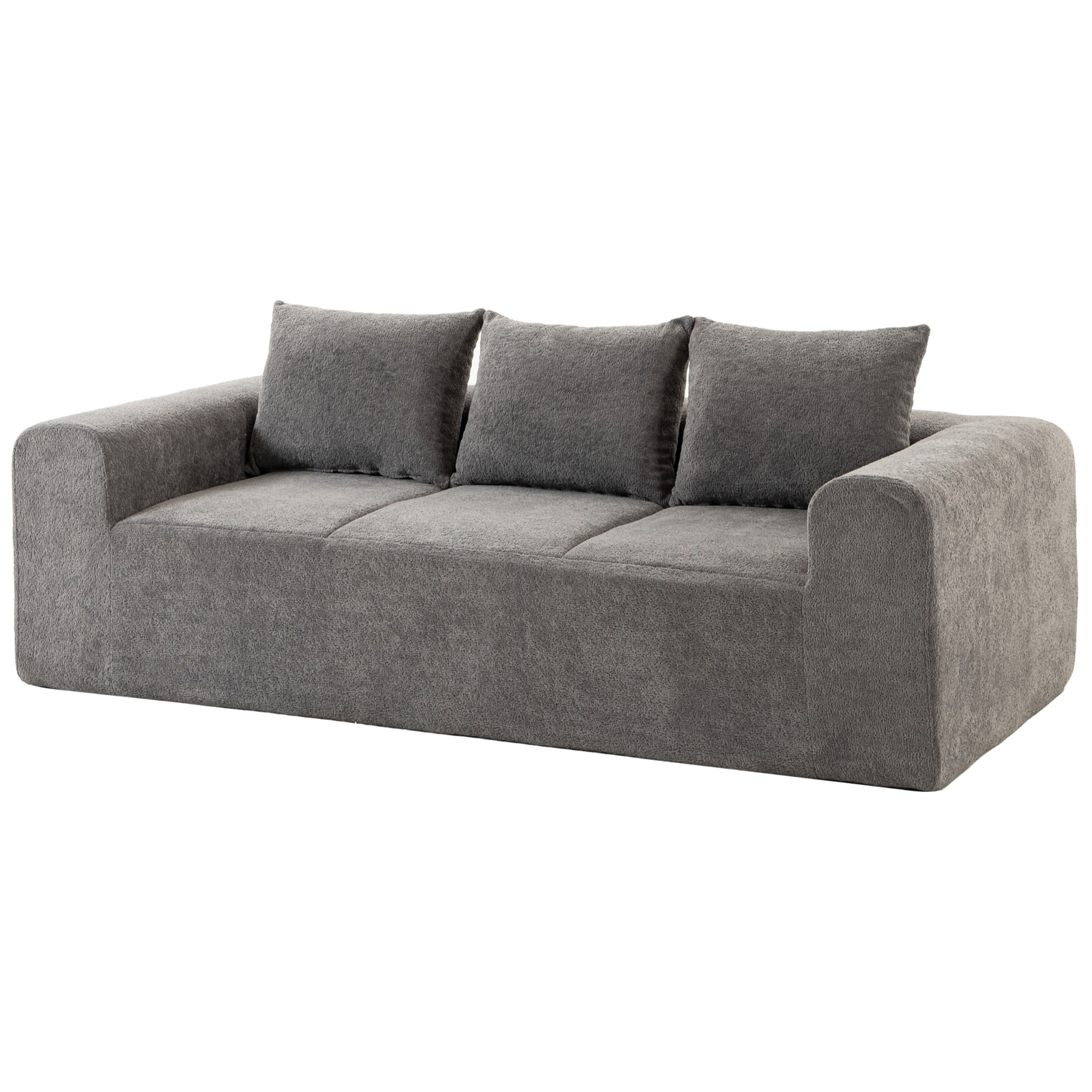 Canapé design arrondi 3 places larges accoudoirs 3 coussins tissu chenille gris