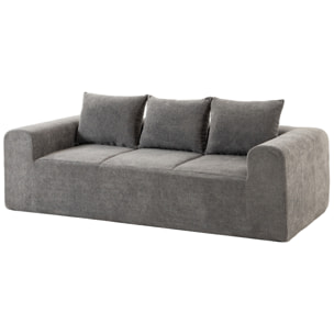 Canapé design arrondi 3 places larges accoudoirs 3 coussins tissu chenille gris