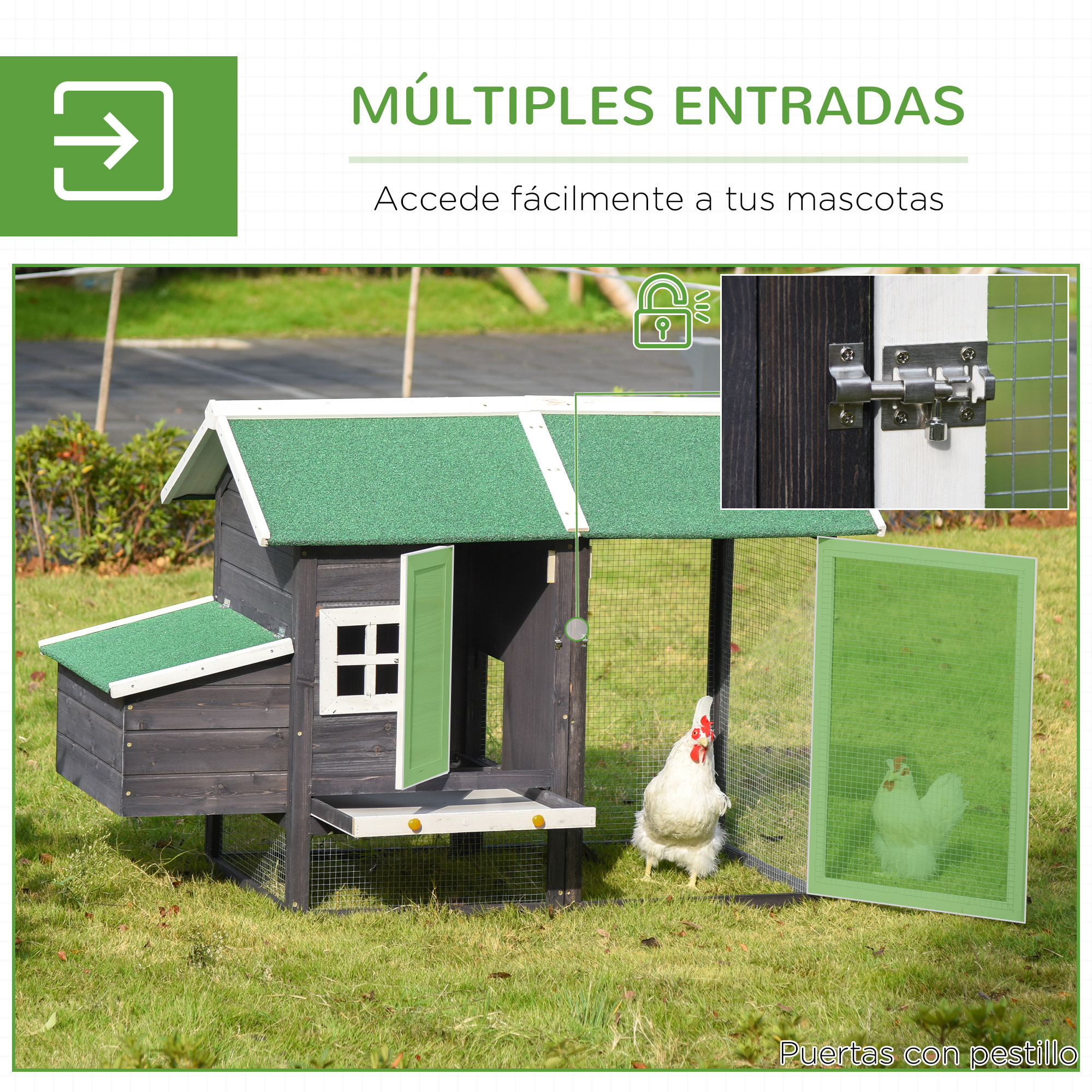 Gallinero de Madera Exterior Jaula Cercada para Gallinas con Caja Nido Corral de Metal Techo Asfáltico Bandeja Extraíble Ventana y Rampa 170x81x110 cm Gris