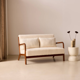 Banquette scandinave 2 places bois d'hévéa teinté noyer clair et bouclette LORENS