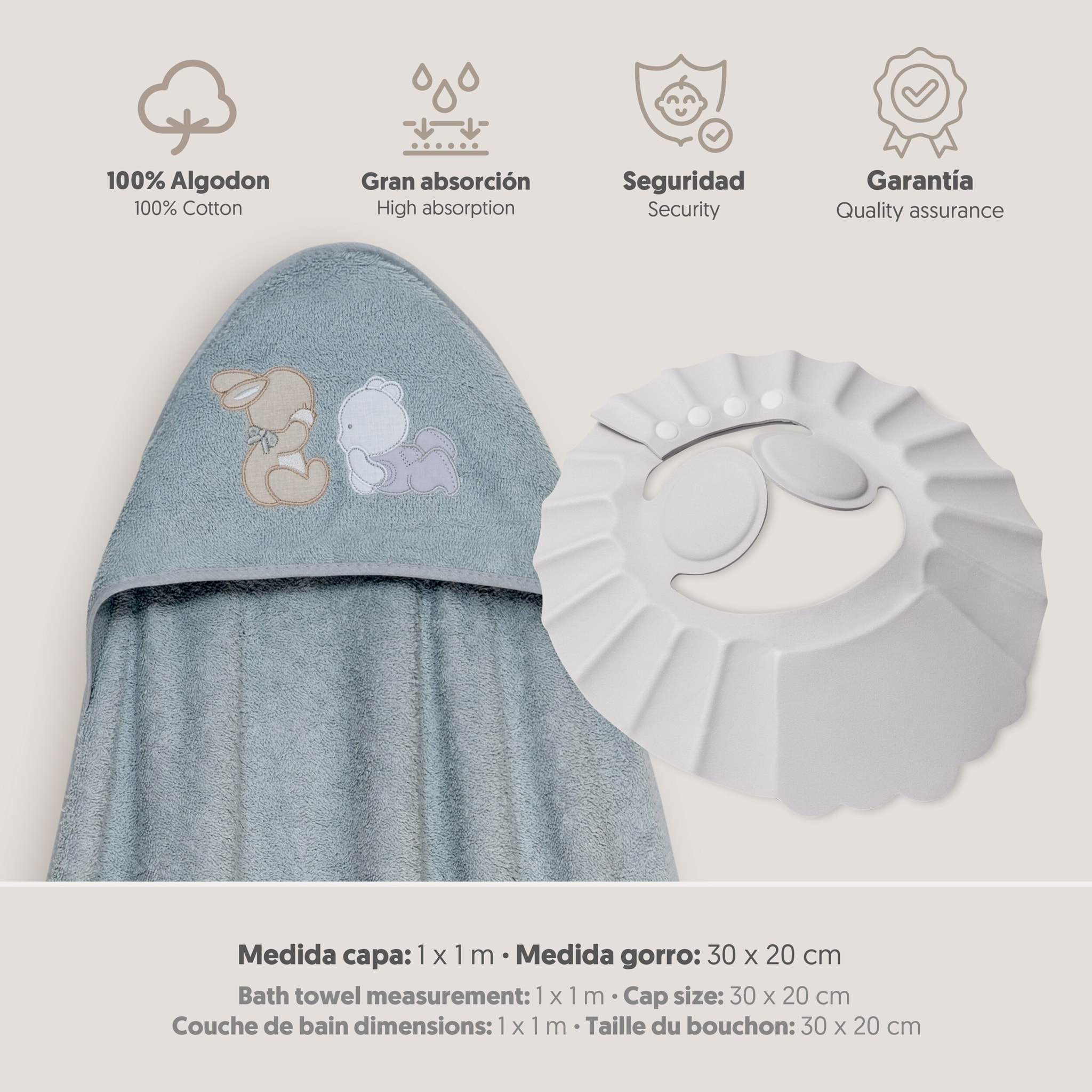 Capa Baño 1X1 Mod Oso Tumbado Conejito+Gorro Gris