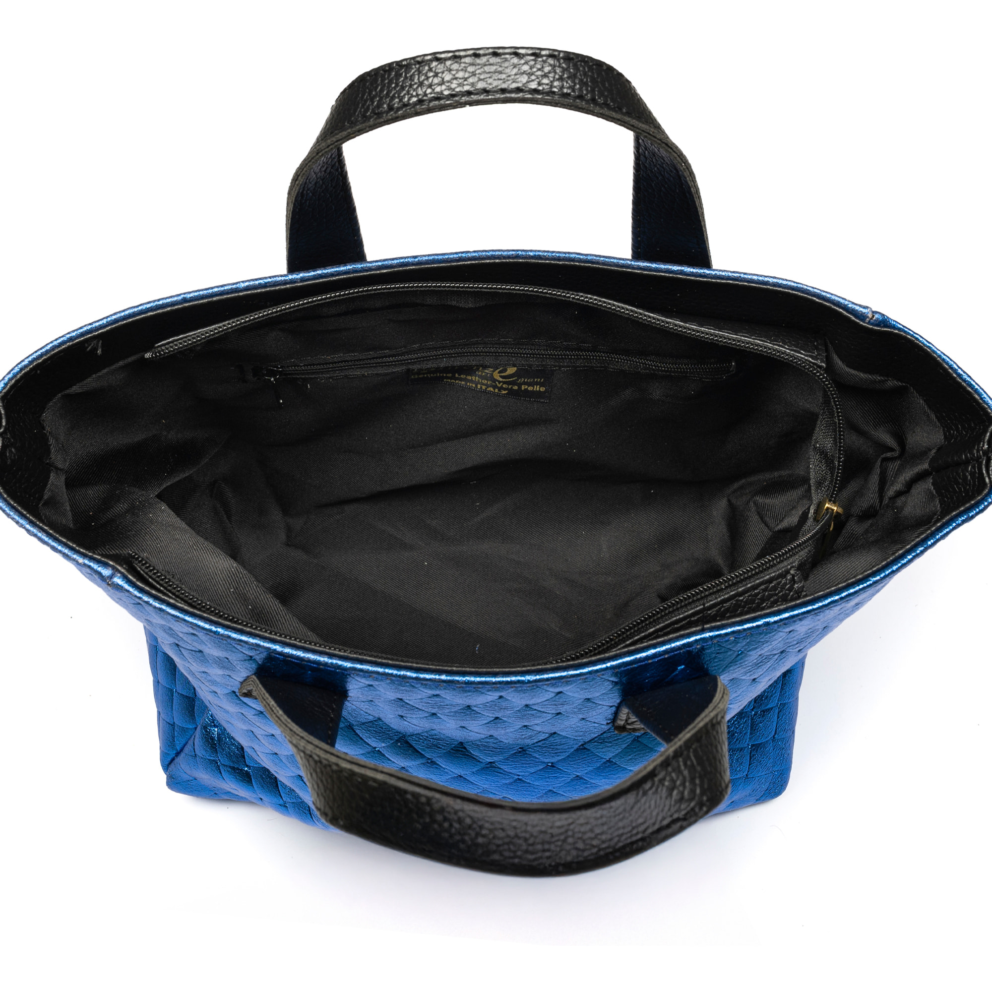 Cassandra bolso tote mujer. Piel auténtica Gamuza con grabado entrelazado y lacada brillante.