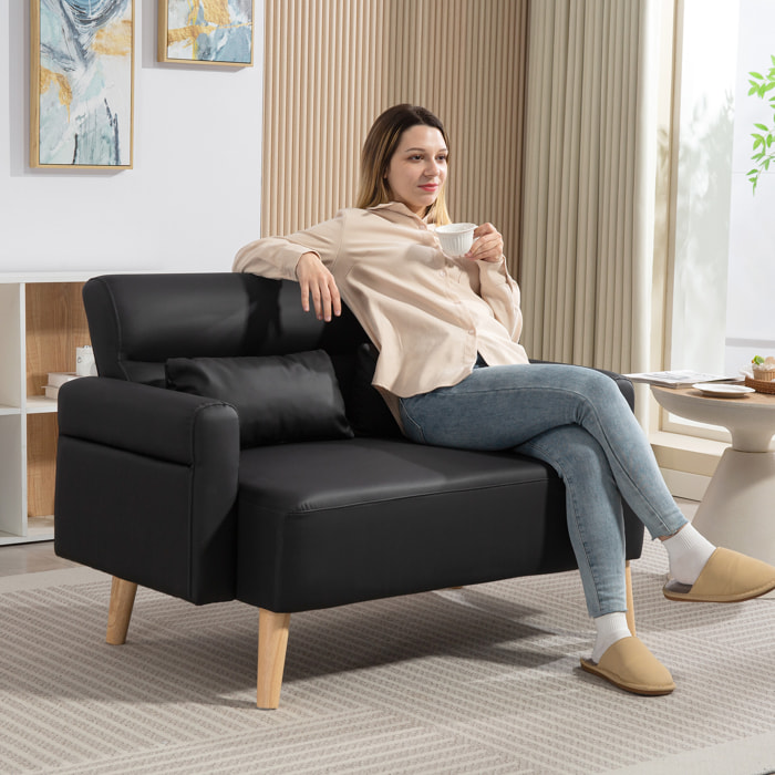 Sofá de 2 Plazas Tapizado en Cuero Sintético Sofá de Salón de 117 cm con Reposabrazos Acolchado Grueso Respaldo Acanalado y Patas de Madera para Dormitorio Sala de Estar Negro