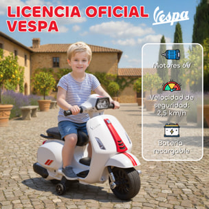 Moto Eléctrica para Niños 6V con Licencia Vespa, Moto Eléctrica Infantil con Ruedas Auxiliares de 6,9'', Velocidad de 2,5km/h, Faro y Bocina, para Niños de 2-6 Años, Blanco
