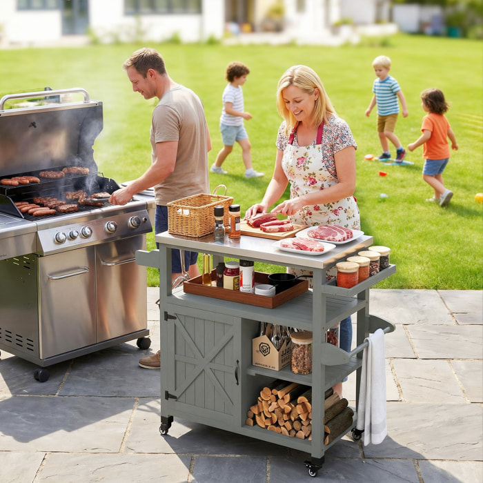 Desserte de jardin - desserte pour plancha - porte, 2 étagères, 3 niches - plateau acier inox gris