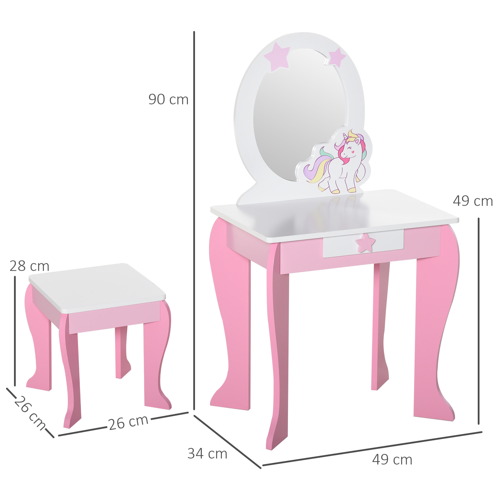 Coiffeuse enfant design licorne - tabouret inclus - dim. 49L x 34l x 90H cm - tiroir, miroir - MDF - rose blanc