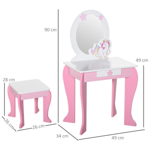 Coiffeuse enfant design licorne - tabouret inclus - dim. 49L x 34l x 90H cm - tiroir, miroir - MDF - rose blanc