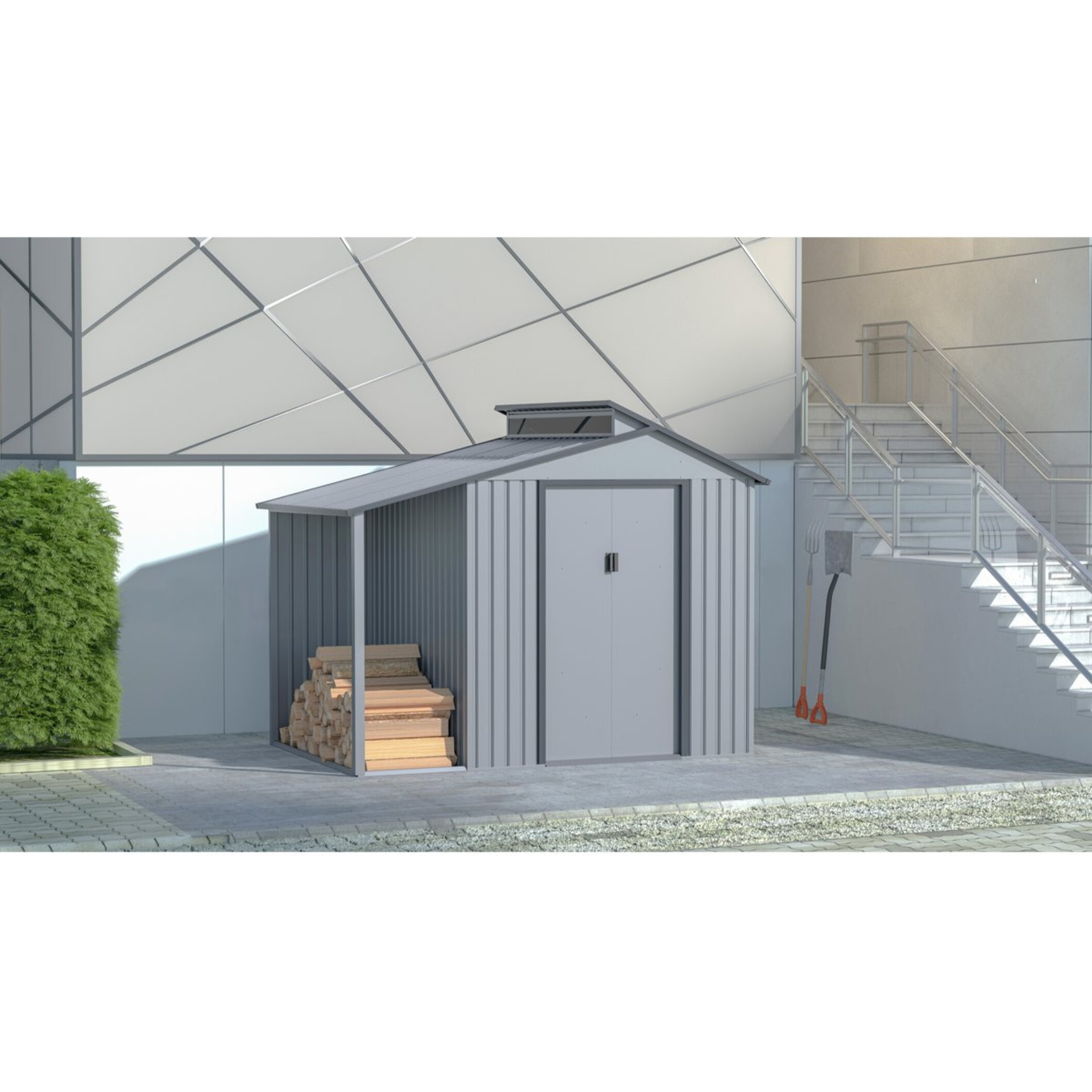 Abri de jardin métal avec pergola "Madras" - 9.12 m² - 257 x 355 x 237 cm - Gris