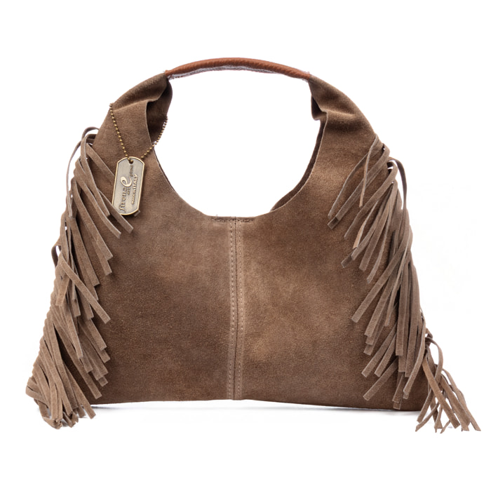 Balmuccia bolso de mano mujer. Piel auténtica gamuza, con flecos.