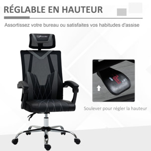 Fauteuil de bureau manager inclinable réglable support lombaires tétière tissu maille polyester PU gris noir