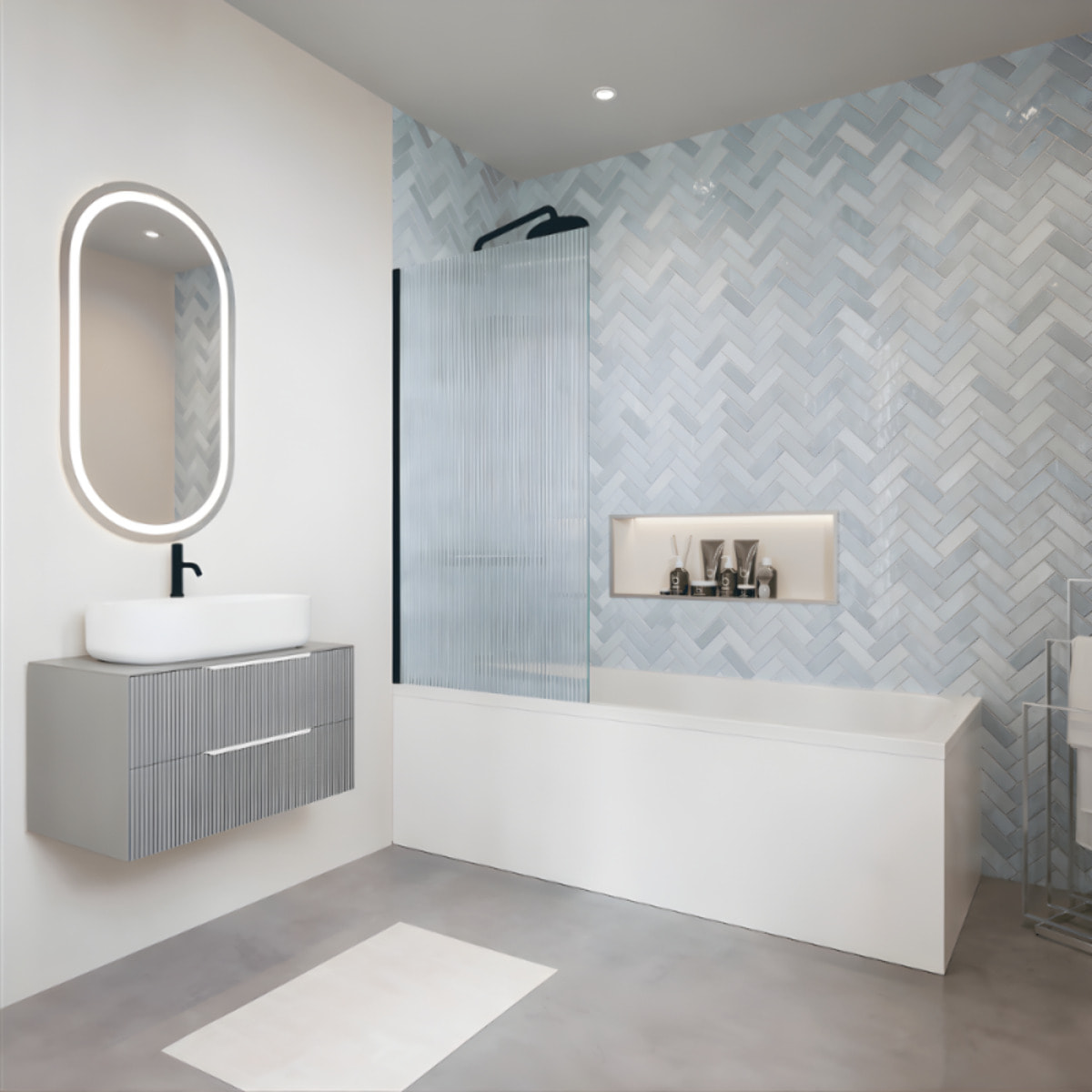 Baignoire droite VILLEROY ET BOCH Collaro Blanc mat  vidage et trop plein chrome + Pare bain AURYS Raywall noir mat